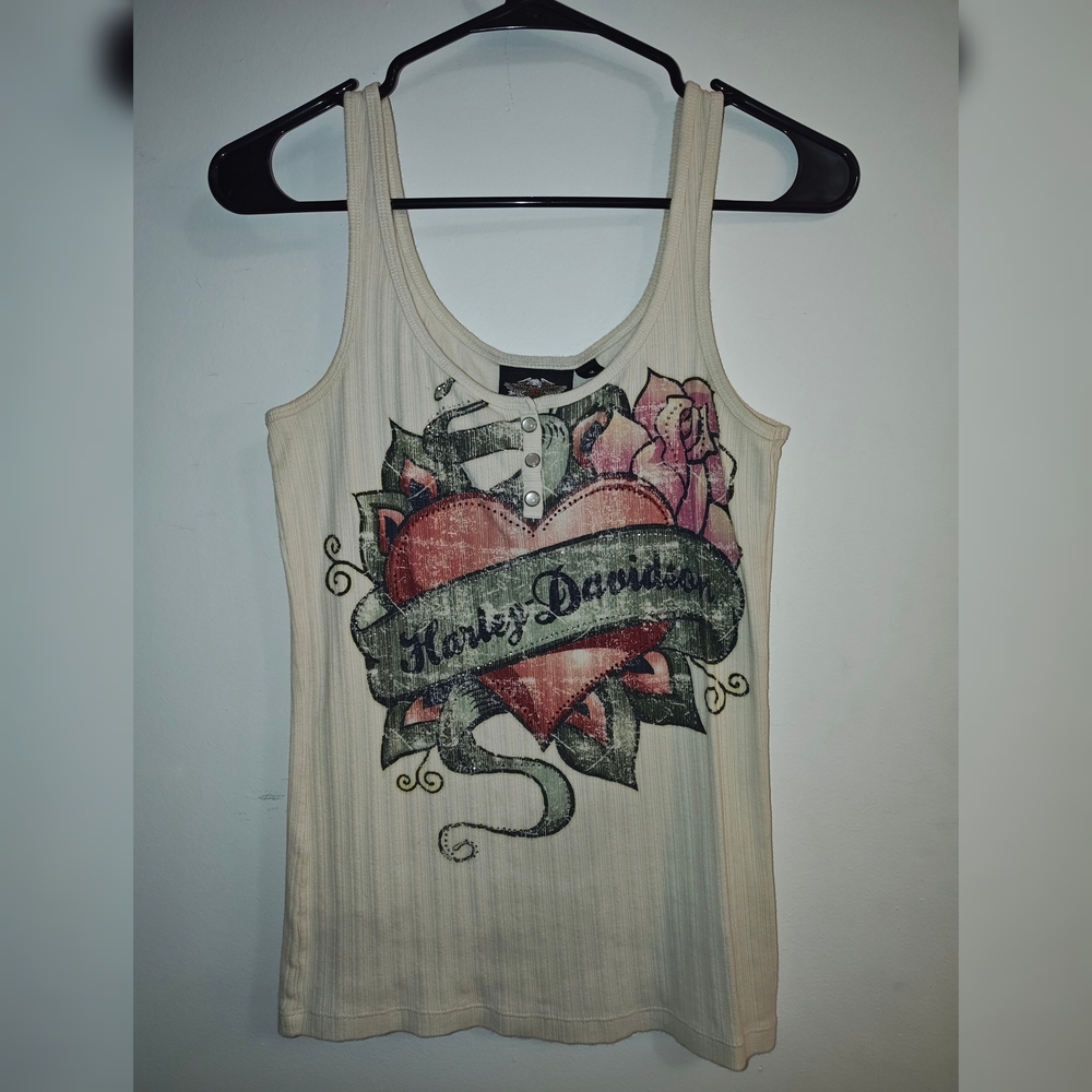 Harley-Davidson Cream Tank Top with Heart Graphic And Rhinestones